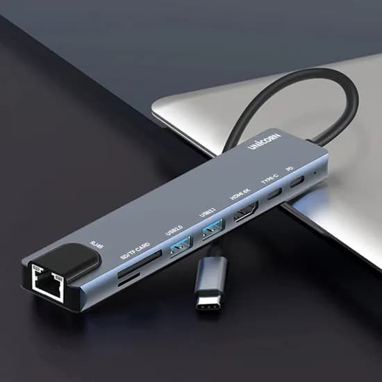 유니콘 8in1 USB 멀티허브, TCH-L60, LAN, HDMI, USB-C, PD87W, 4K 미러링, TF SD카드리더, 그레이, 1개