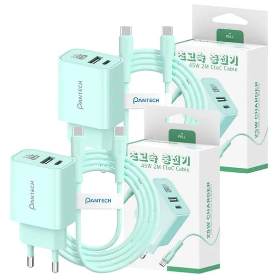 팬택 25W 2포트 충전기 + 45W 2m 케이블, 호환용, 민트, 2개