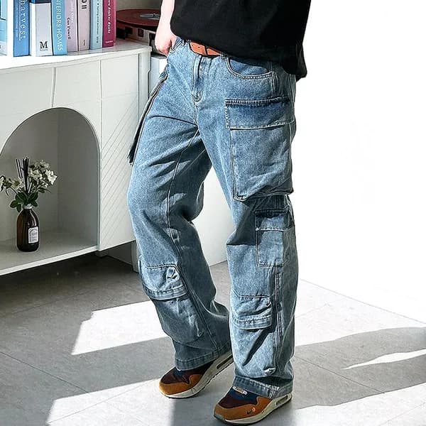 멀티 포켓 카고 데님 와이드 청바지 진청 L 32~34