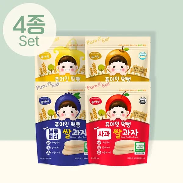 퓨어잇 떡뻥 유기농 과일쌀과자 4종세트 (바나나·배·블루베리·사과) 30g 4봉