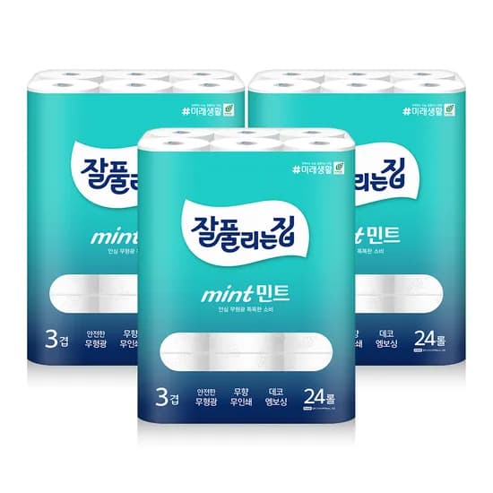 잘풀리는집 민트 3겹 화장지, 24롤, 27m, 3팩