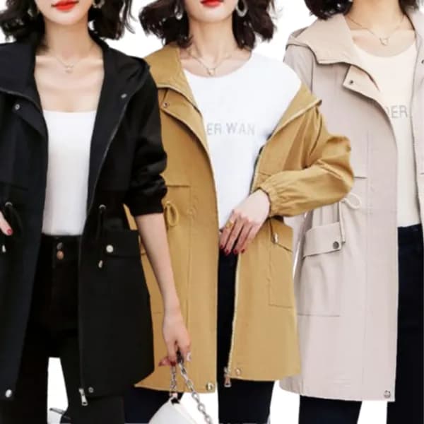여성 미디움 스트링 후드 바람막이 야상 점퍼, 베이지, 2XL