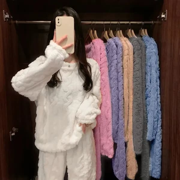 도톰 극세사 꽈배기 기모 잠옷 상하세트 화이트 1개