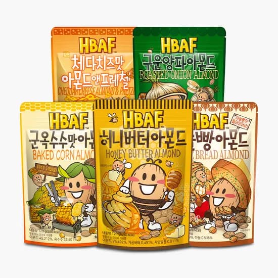 HBAF 아몬드 5종 세트, 허니버터, 군옥수수, 마늘빵, 체다치즈, 구운양파, 100g, 120g, 1세트