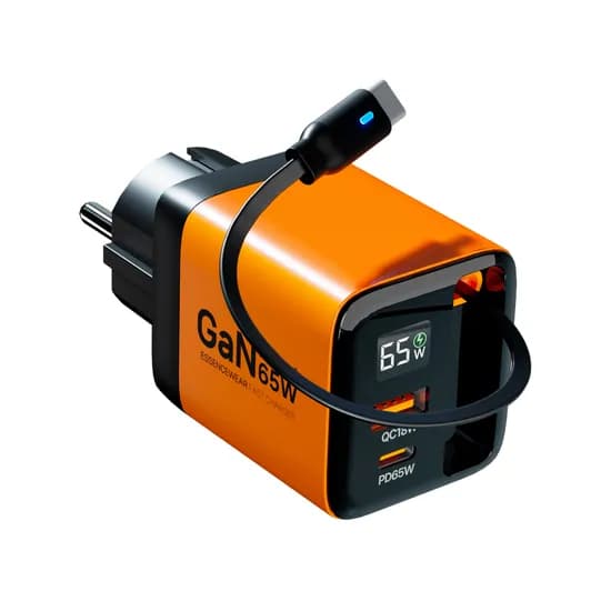에센스웨어 GaN PD PPS 65W 2포트 릴케이블 일체형 접지 LCD 초고속 멀티 충전기, 오렌지, 1개