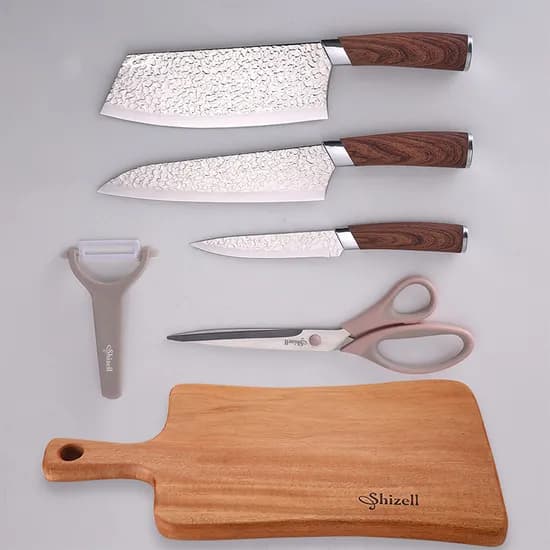 Shizell 올 뉴 엘레강스 나이프 5종 + 웨이브핸들 도마세트, 중식도, 식도, 과도, 주방가위, 감자칼, 통원목 도마