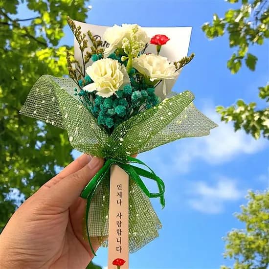 이젠플라워 흰색 카네이션 미니꽃다발 프리저브드 흰색 18cm x 11cm 1개