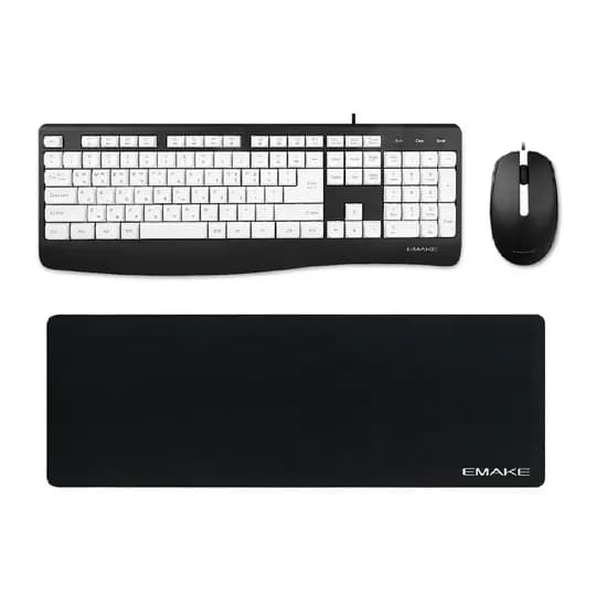 EMAKE 저소음 유선 키보드 마우스 세트 KM C1 장패드 투톤블랙화이트 일반형 1개