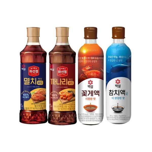 백설 액젓 4종 모음 (까나리액젓 골드 400g + 멸치액젓 골드 400g + 꽃게액 500g + 참치액 순더깔끔한맛 500g) 18,900원