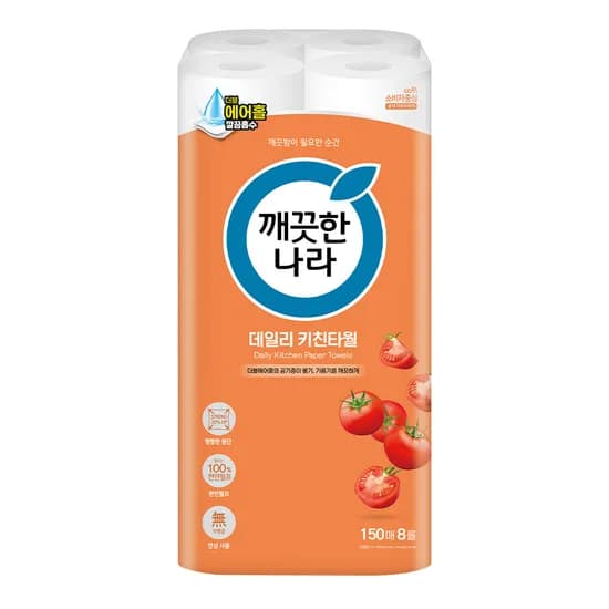 깨끗한 나라 데일리 키친타월 2겹 150매 8롤 1팩 8,900원