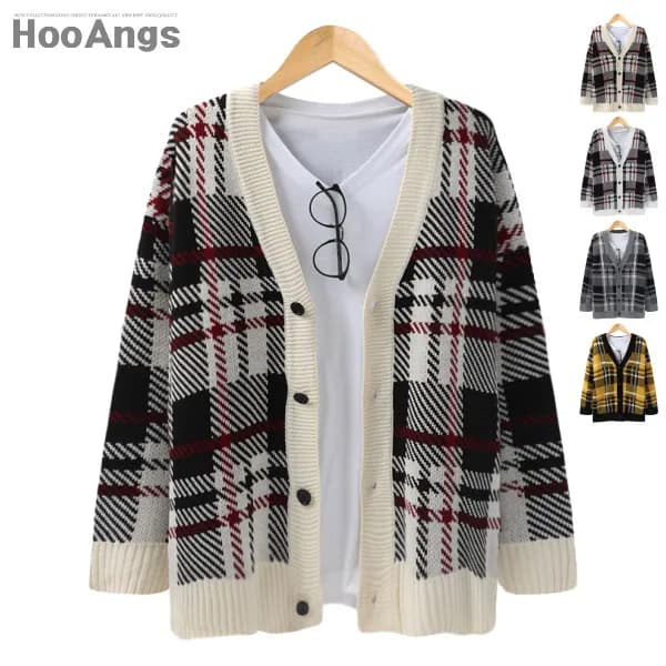 HOOANGS 오버핏 체크포인트 라인배색 니트 가디건 EYCD8213 연베이지 FREE 1개