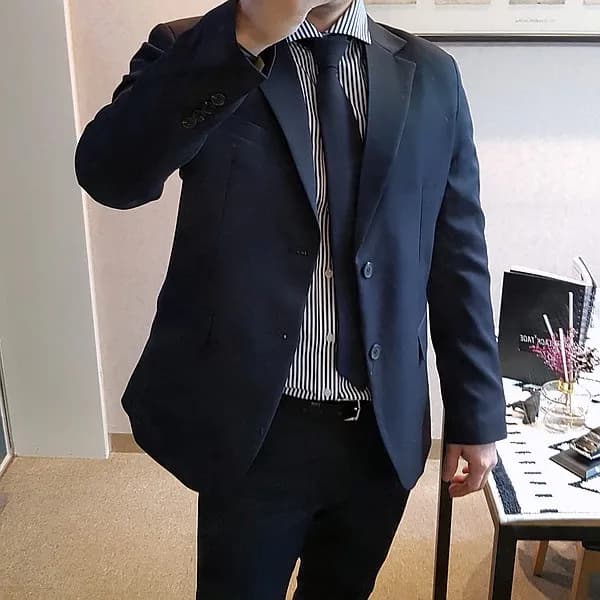고급 울 혼방 소재 네이비 색상 남자 정장 싱글 수트 세트, L(105), XL(35~36)