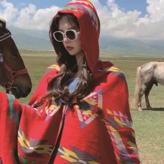 에스닉패턴 몽골 후드망토, 레드, 1개