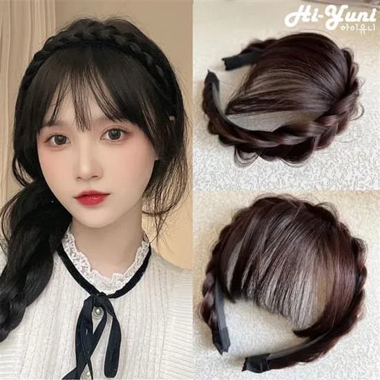 하이유니 뱅헤어 땋은 머리 헤어밴드 위그 브라운블랙 1개