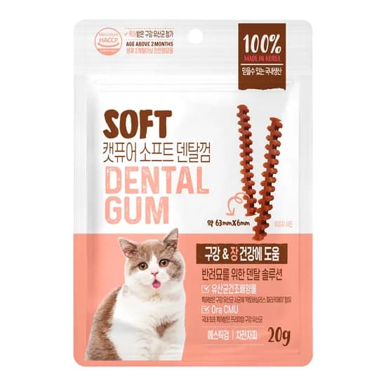 캣퓨어 소프트 덴탈껌, 장 건강에 도움, 20g, 5개