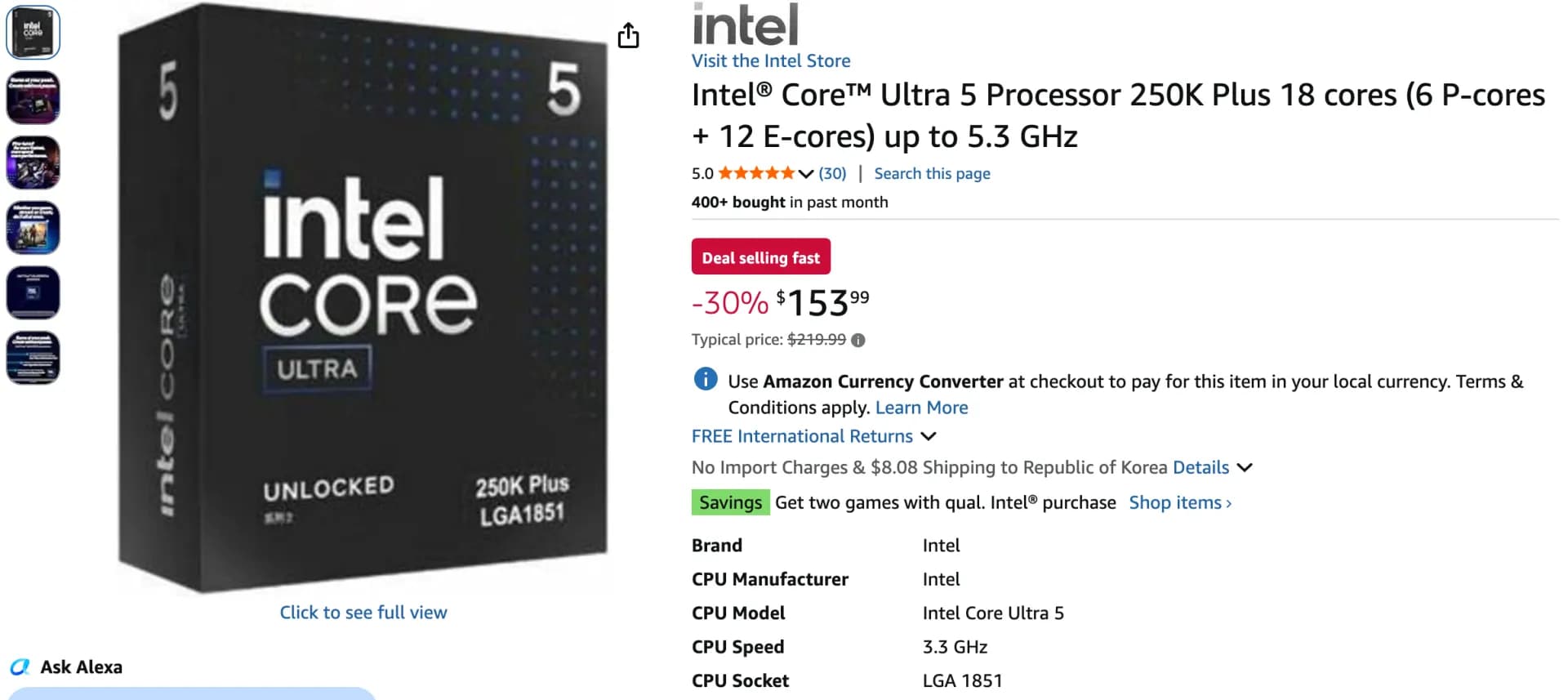 인텔 코어 울트라 5 250K Plus ($153.99 / $8.08)