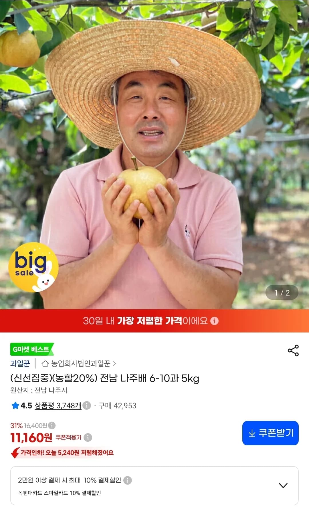 전남 나주배 6-10과 5kg 11,160원