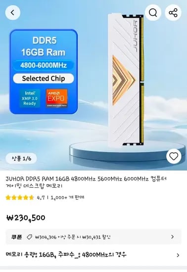 JUHOR DDR5 RAM 16GB 4800MHz (230,050원/무료)