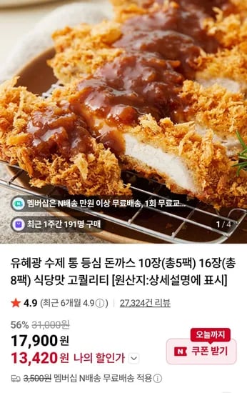 네멤 유혜광 수제 통등심돈까스 10장