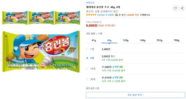 해태제과 홈런볼 초코 46g 4개