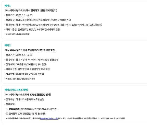 하나 나라사랑카드로 CU 1만원 이상 결제시 1만원 캐시백 (0원/무료)