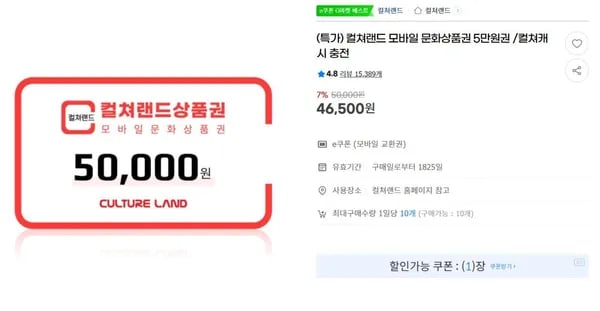 컬쳐랜드 모바일 문화상품권 5만원권 외 46,500원 총 20개