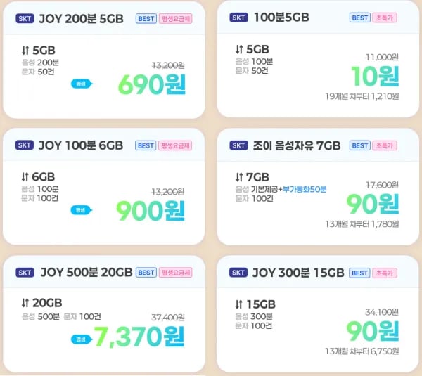 SKT망 알뜰폰 5GB 200분 평생요금제 (690원/무료)