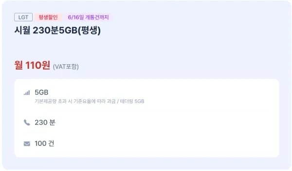 LG망 알뜰폰 230분/5GB 평생요금제 (110원/무료)