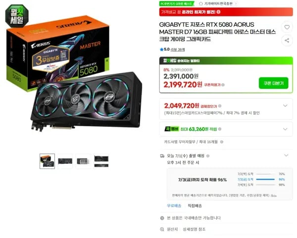 GIGABYTE RTX 5080 AORUS MASTER 블랙 (품절) (2,049,720원/무료)