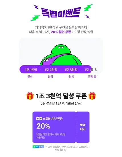 네멤) 넾다세일 1조 3천억 돌파기념 1만이상 20% 선착순 쿠폰 (0원/무료)