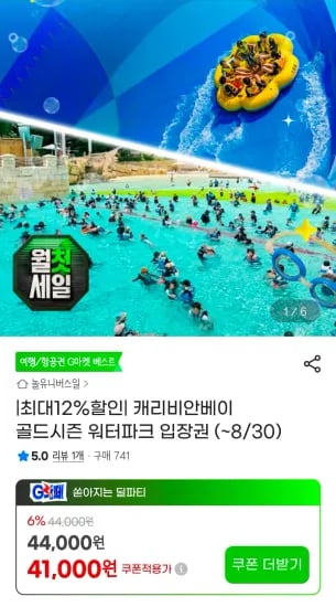 캐리비안베이 골드시즌 워터파크 입장권 (~8/30) (41,000원/무료)