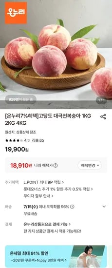 대극천복숭아 4kg (18,990원/무료)