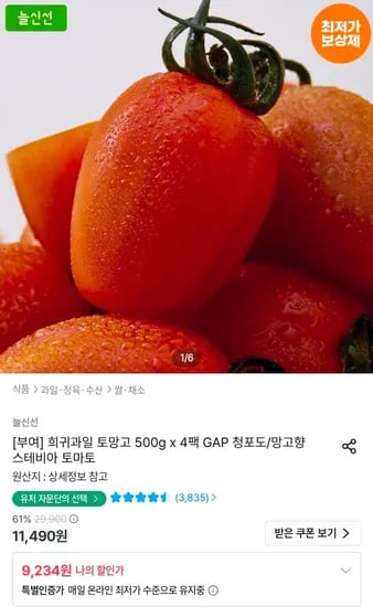 스테비아 토마토 토망고 500g 4팩 (9,234원/무료)