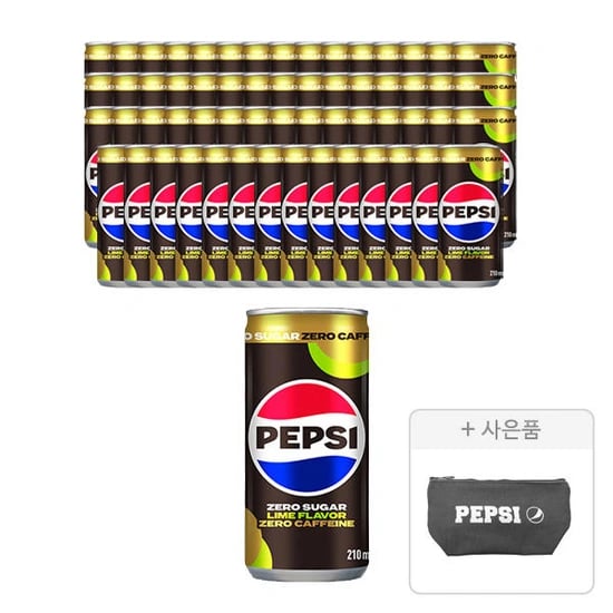 펩시 제로슈거 라임향 제로카페인, 210ml, 60개 + 증정 ( 파우치, 주문시 100% 증정 ) ( 27,900원 / 무료 배송 )