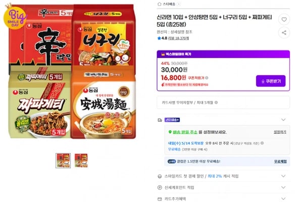 지마켓)신라면 10입 + 안성탕면 5입 + 너구리 5입 + 짜파게티 5입 (총25봉) 44% 기존가30,000원 30,000원 16,800원