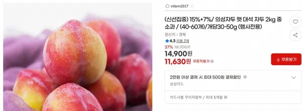 15%+7%/ 의성자두 햇 대석 자두 2kg 중소과 / (40-60개)/개당30-50g (행사전용) < 11,630원 / 무료 배송 >