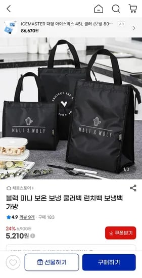 블랙 미니 보냉백 가방 (5,210원 / 배송비 무료)