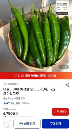 아삭한 오이고추(특) 1kg (6,690원/무배)