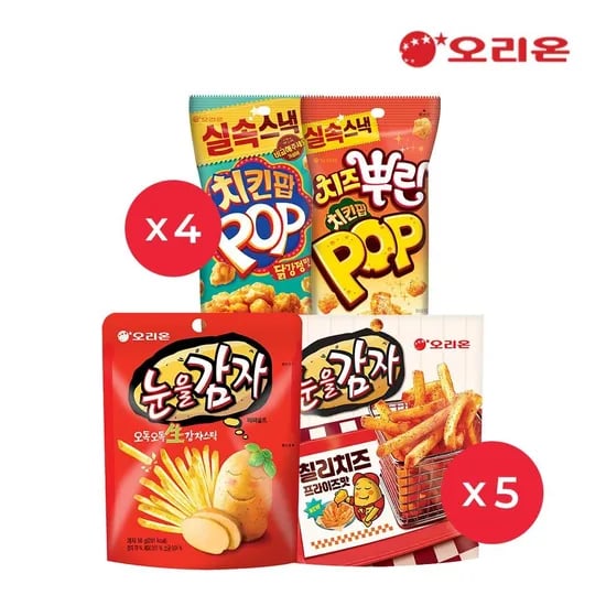 오리온 눈을감자 5개+눈을감자 칠리치즈5개+치킨팝 닭강정 4개+치킨팝 치즈 4개 (17,890원) (무료)