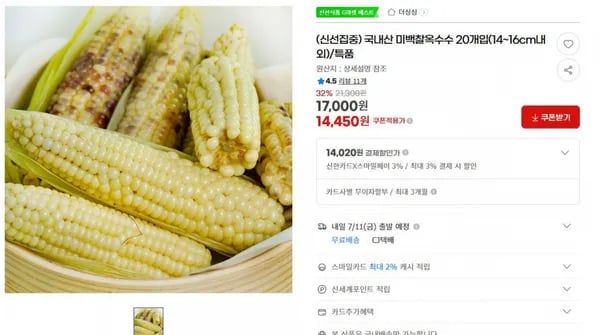 지마켓)(신선집중) 국내산 미백찰옥수수 20개입(14~16cm내외)/특품 14,450 무배