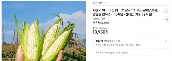 제철의 맛 국내산 햇 미백 찰옥수수 15cm이상(특품) 강원도 찰옥수수 10개입 / 2세트 구매시 3개 덤 < 10,950원 / 무료 배송 >