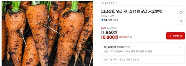 당근 국내산 햇 흙 당근 5kg(왕특) < 10,800원  / 무료 배송 >
