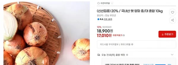 20% / 국내산 햇 양파 중/대 혼합 10kg < 17,010원 / 무료 배송 >