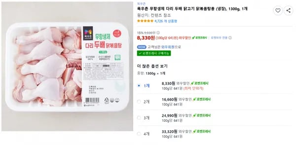 목우촌 무항생제 다리 두배 닭고기 닭볶음탕용 (냉장), 1300g, 1개 (8330/무료)