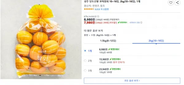쿠팡) 성주 당도선별 꼬마참외 10~16입, 2kg(10~16입), 1개 7,980원(무배)