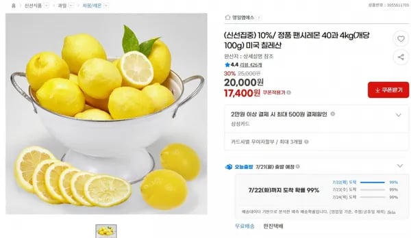10%/ 정품 팬시레몬 40과 4kg(개당100g) 미국 칠레산 < 17,400원 / 무료 배송 >
