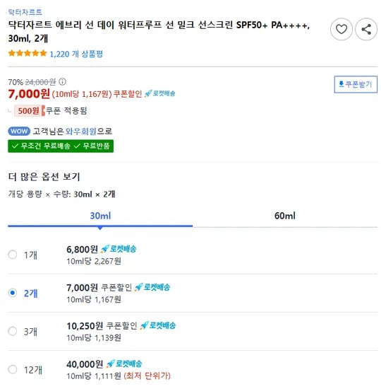 닥터자르트 선크림 2개 (7,000원/무료 배송)