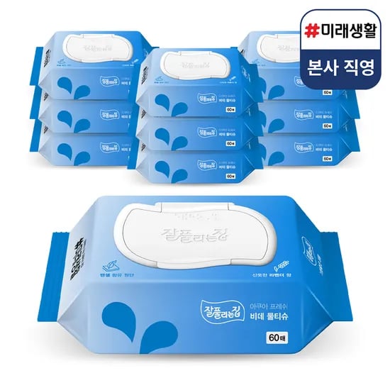 미래생활 잘풀리는집 아쿠아프레쉬 프리미엄 비데물티슈 60매, 10개 (10,910원/무료)