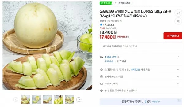 달콤한 허니듀 멜론 대사이즈 1.8kg 2과 총 3.6kg 내외 (7/31일부터 예약발송) < 17,480원  / 무료 배송 >
