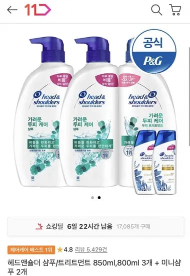 헤드앤숄더 샴푸 트리트먼트 850ml 800ml 3개 미니샴푸 2개